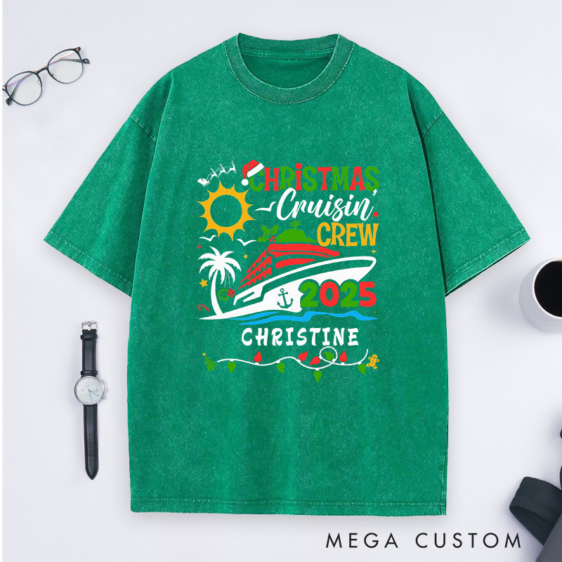 Personalized Christmas Cruisin'Crew Washed T-Shirt Family Christmas Cruise T-Shirt Gift for Outdoor Travel Lover