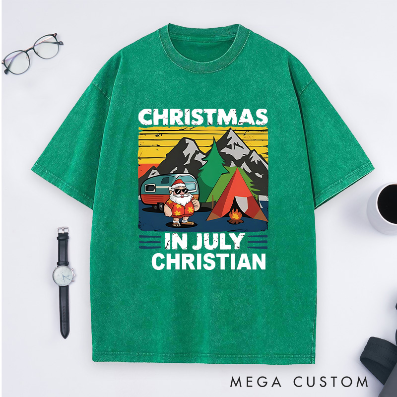 Personalized Christmas in July Washed T-Shirt Outdoor Tropical Camping Washed T-Shirt  Gift for Hiking Lover