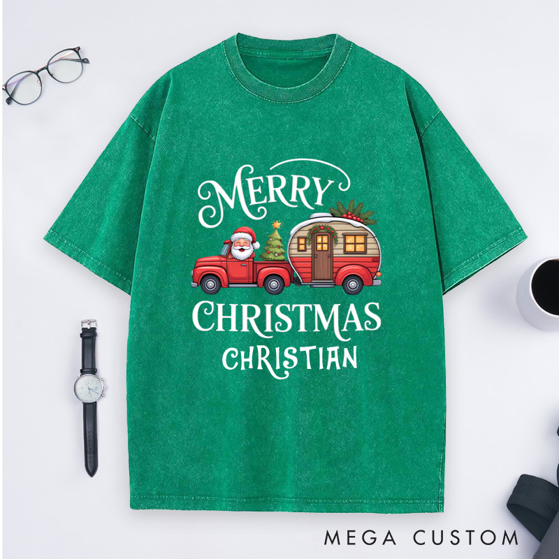 Personalized Merry Christmas Washed T-Shirt Outdoor Camping T-Shirt Gift for Adventure Hiking Lover
