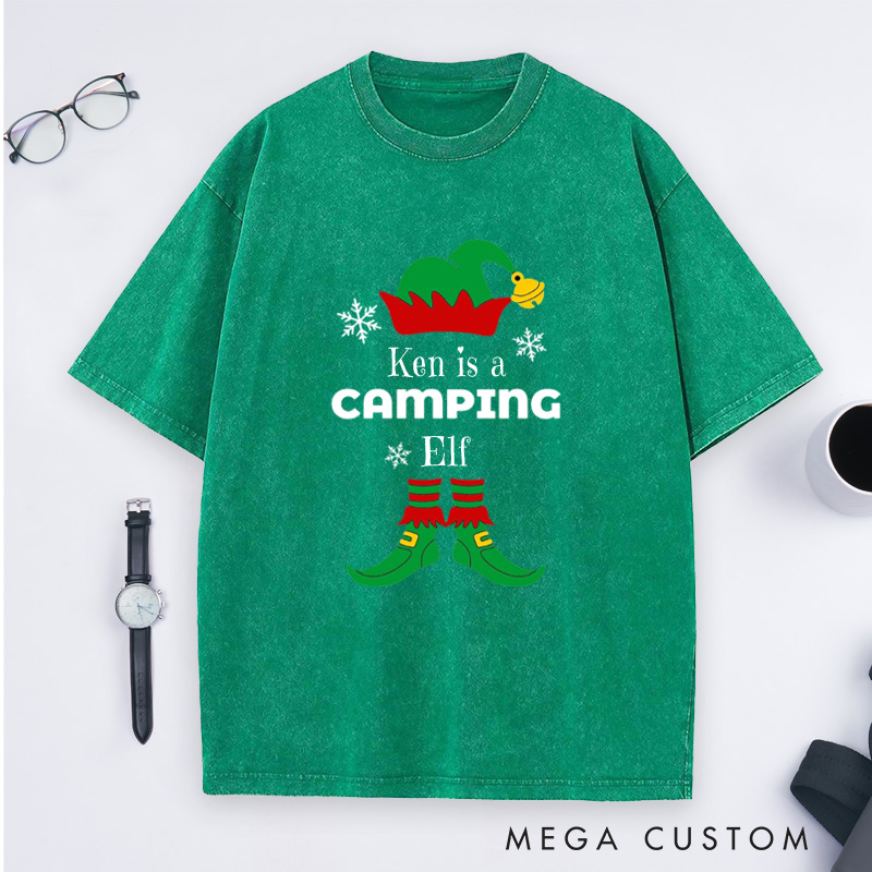 Personalized Camping Elf Washed T-Shirt Christmas Outdoor Adventure T-Shirt Gift for Hiking Lover
