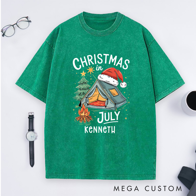 Personalized Christmas in July Washed T-Shirt Outdoor Camping Lover T-Shirt Christmas Gift for Hiking Lover