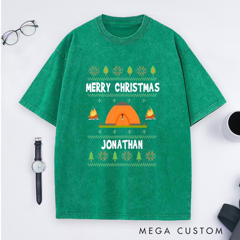 Personalized Camper Christmas Washed T-Shirt Outdoor Adventure T-Shirt Christmas Gift for Hiking Outdoors