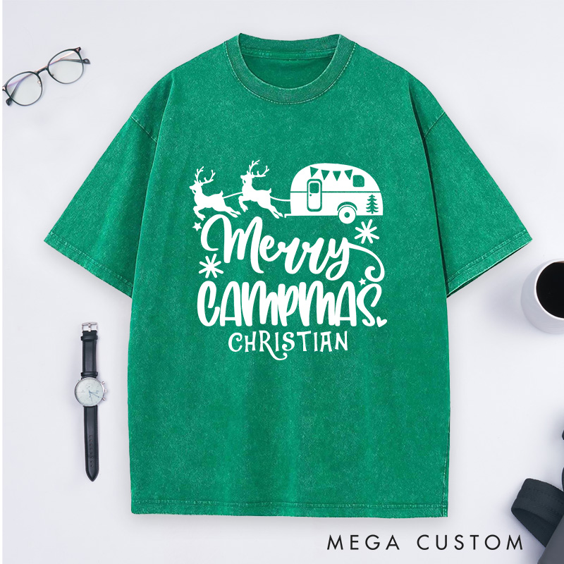Personalized Merry Campmas Washed T-Shirt Outdoors Camping Christmas T-Shirt Gift for Hiking Lover