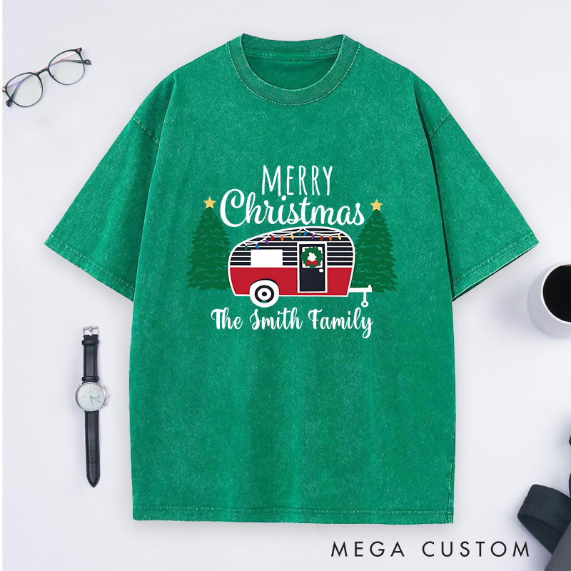 Personalized Cozy Camper Christmas Washed T-Shirt Merry Christmas T-Shirt Christmas Gift for Outdoors Lover