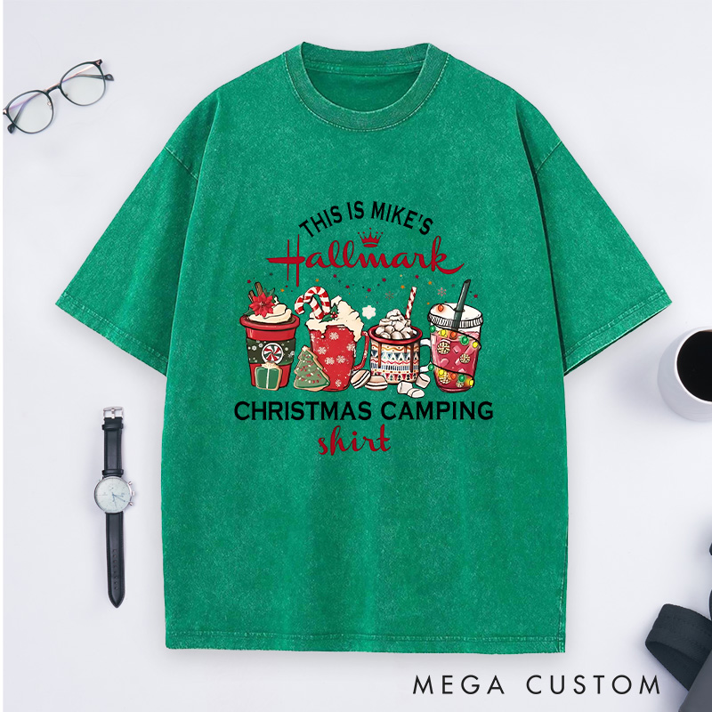 Personalized Christmas Camping Washed T-Shirt Holiday Spirit Shirt Gift for Outdoor Hiking Lover