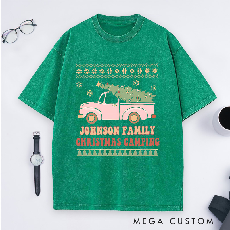 Personalized Family Christmas Camping Washed T-Shirt Outdoor Adventure Shirt Christmas Gift for Hiking Lover