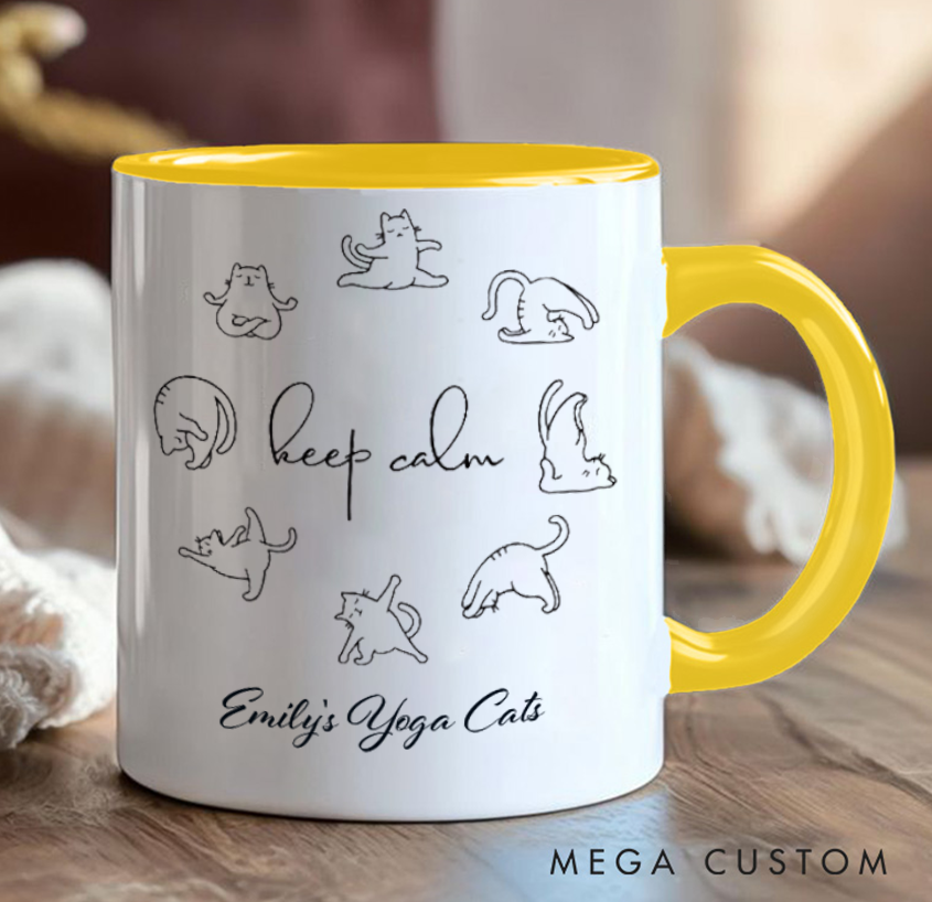 Personalized Yoga Cats Mug with Cute Cat Poses Custom Name Perfect Gift for Yoga Lover and Cat Lover