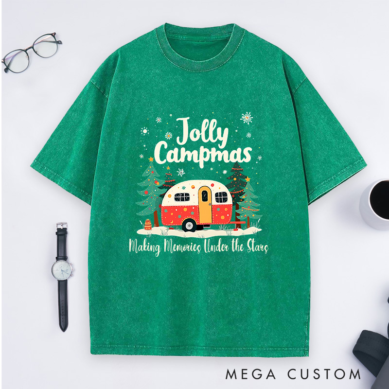 Personalized Jolly Campmas Washed T-Shirt Outdoor Camping Christmas Shirt Gift for Hiking Lover