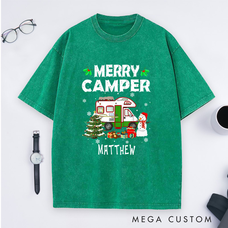 Personalized Merry Camper Washed T-Shirt Outdoor Camping Christmas T-Shirt Holiday Gift for Hiking Lovers