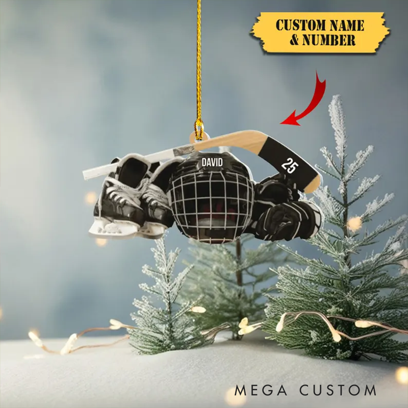 Personalized Hockey Ornament with Custom Name, Number, Gear Design, and Colors