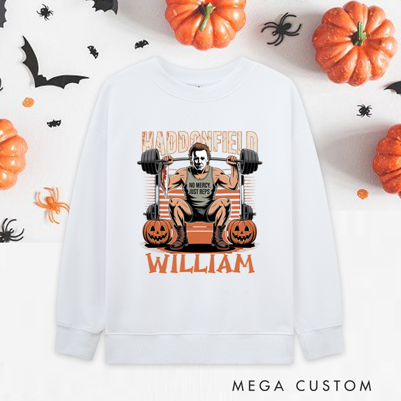 Personalized Halloween Classic Sweatshirts with Fierce Weightlifting Character Pumpkins Sweatshirts Gift for Fitness Enthusiasts Bodybuilders and Gym Lovers