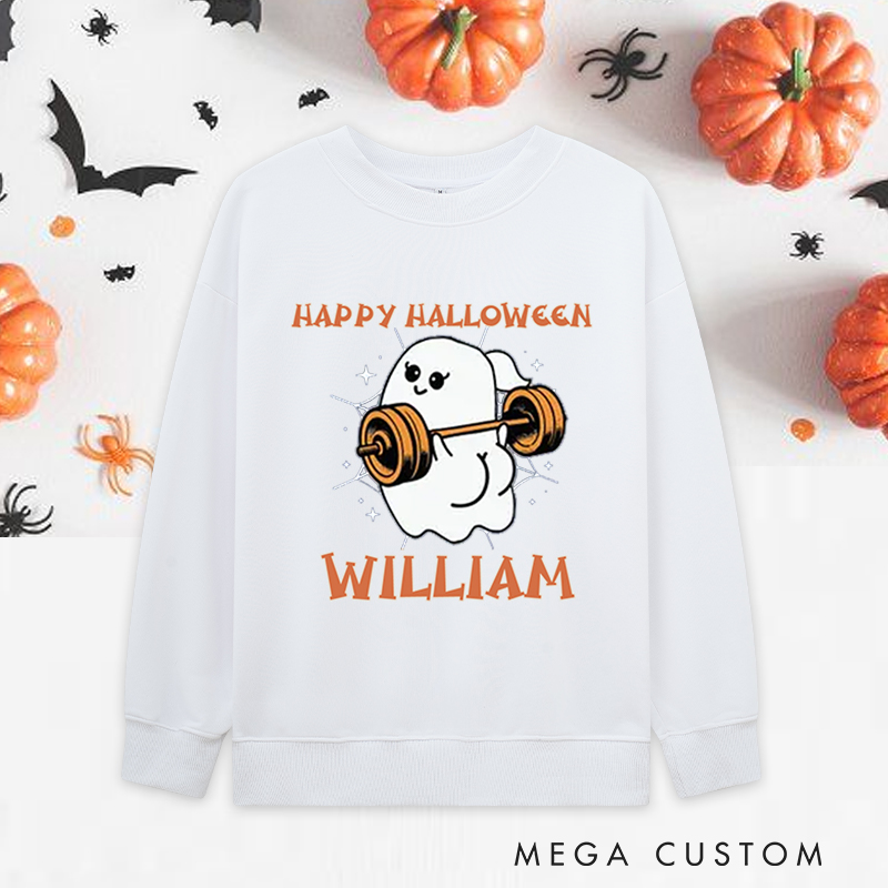 Personalized Halloween Classic Sweatshirts with Adorable Ghost Lifting Barbell Sweatshirts Gift for Fitness Enthusiasts Bodybuilders and Gym Lovers