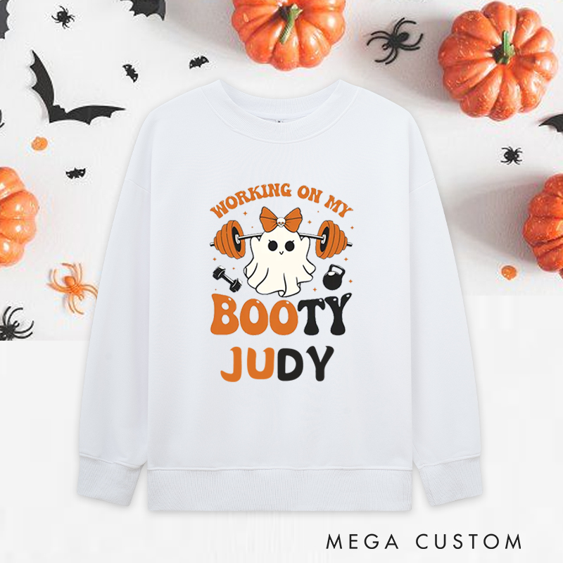 Personalized Halloween Classic Sweatshirts with Ghost Barbell Working on My Booty Sweatshirts Gift for Fitness Enthusiasts Bodybuilders and Gym Lovers