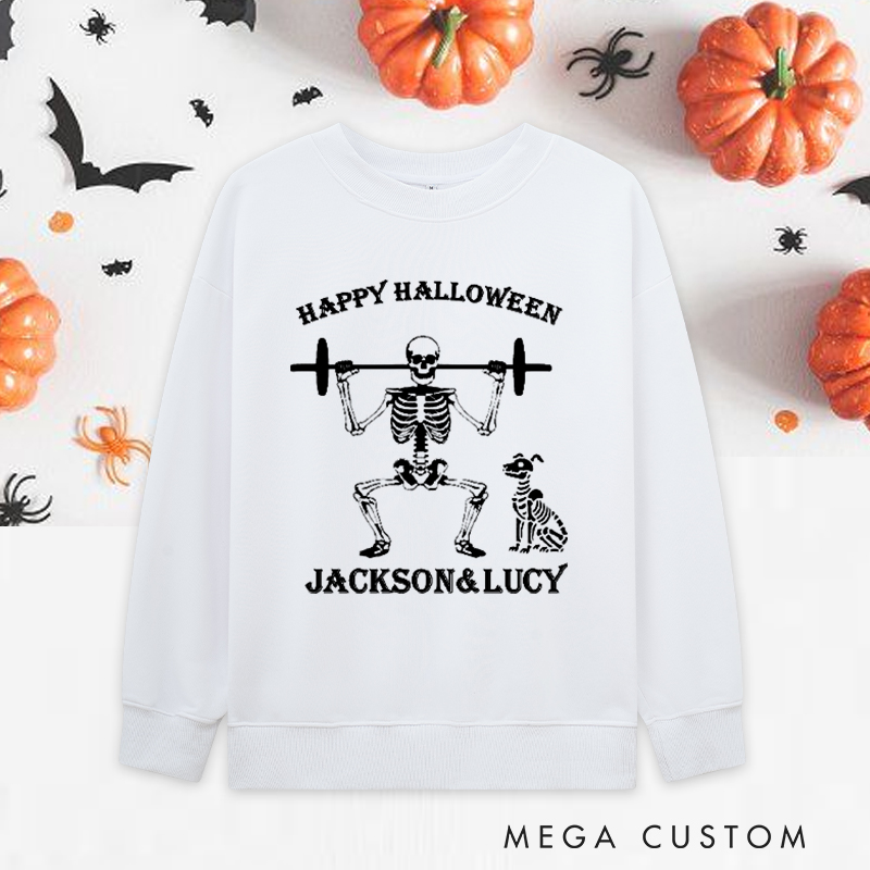 Personalized Halloween Classic Sweatshirts with Skeleton Weightlifting with Dog Sweatshirts Gift for Fitness Enthusiasts Bodybuilders and Gym Lovers