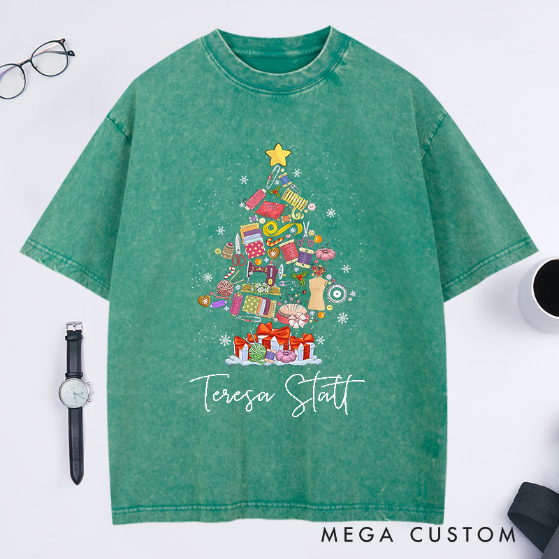 Personalized Sewing Machine Christmas Tree Washed T-Shirts Quilting Shirt Sewing Lover T-Shirt Christmas Tailor Gift Sewing Christmas Shirt