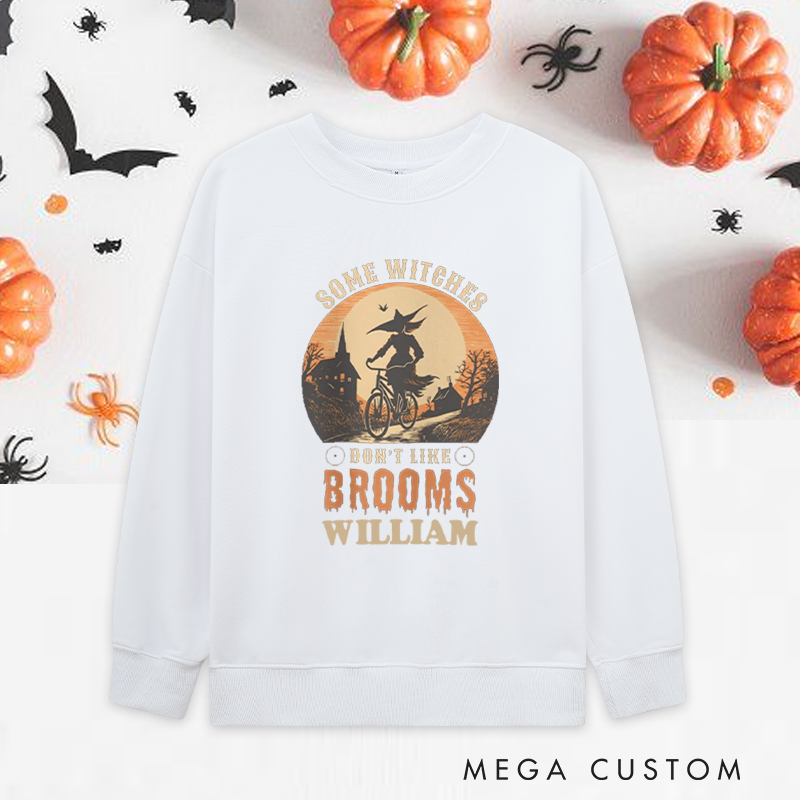 Personalized Halloween Classic Sweatshirts with Funny Witch on Bicycle Spooky Night for Fitness Enthusiasts Bodybuilders and Gym Lovers