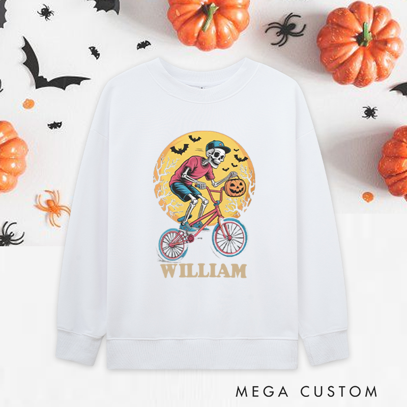Personalized Halloween Classic Sweatshirts with Skeleton Riding Bike with Pumpkin and Moon for Fitness Enthusiasts Bodybuilders and Gym Lovers