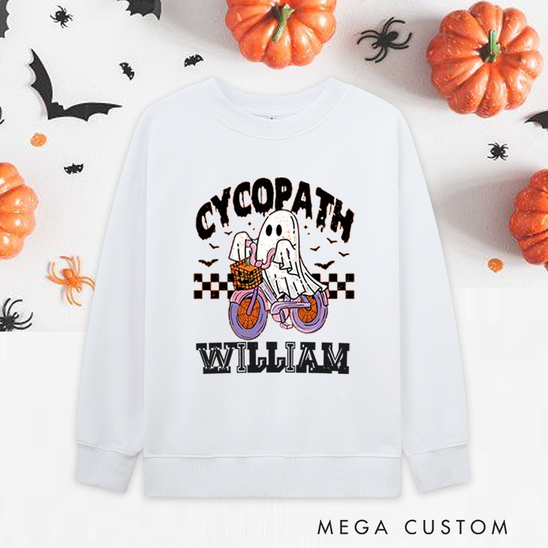 Personalized Halloween Classic Sweatshirts with Ghost Riding Bike with Basket for Fitness Enthusiasts Bodybuilders and Gym Lovers