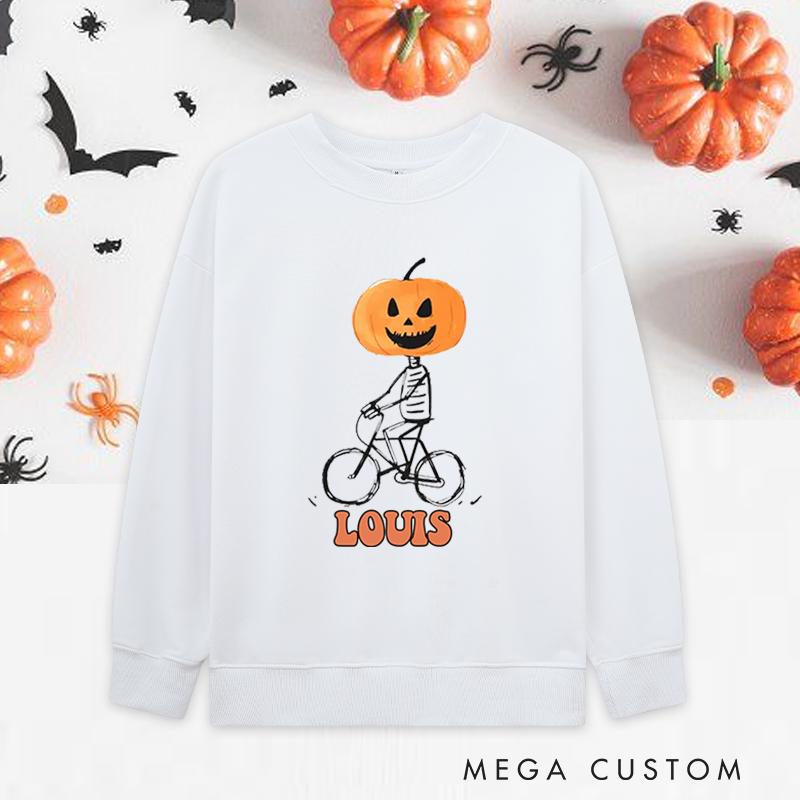 Personalized Halloween Classic Sweatshirts with Pumpkin Head Skeleton Riding Bike for Fitness Enthusiasts Bodybuilders and Gym Lovers