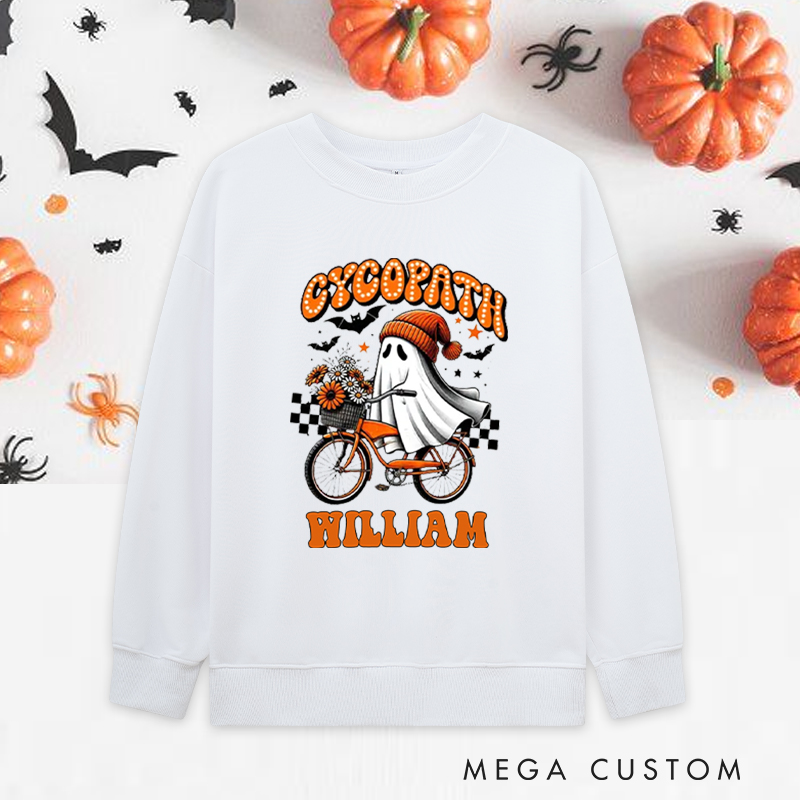 Personalized Halloween Classic Sweatshirts with Ghost Riding Bike with Flowers for Fitness Enthusiasts Bodybuilders and Gym Lovers