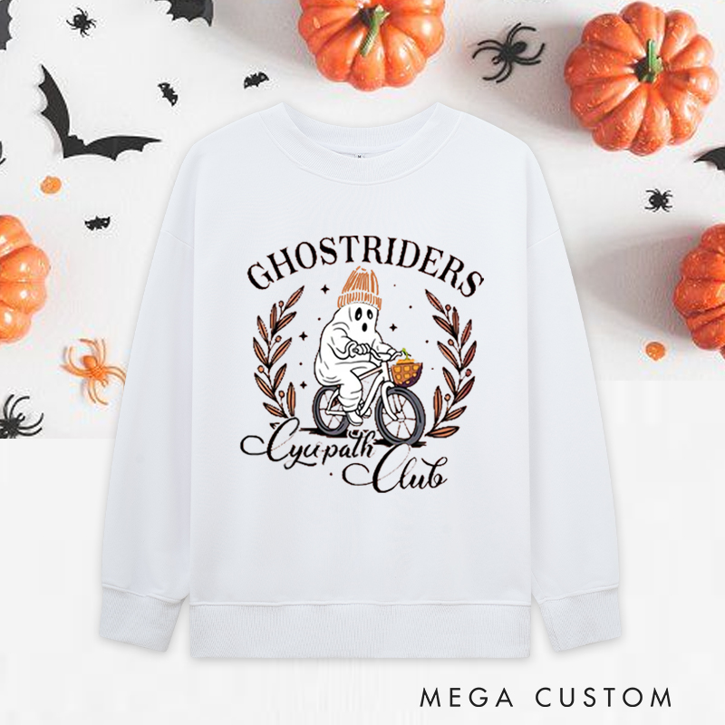 Personalized Halloween Classic Sweatshirts with Funny Ghost Biking with Autumn Wreath for Fitness Enthusiasts Bodybuilders and Gym Lovers