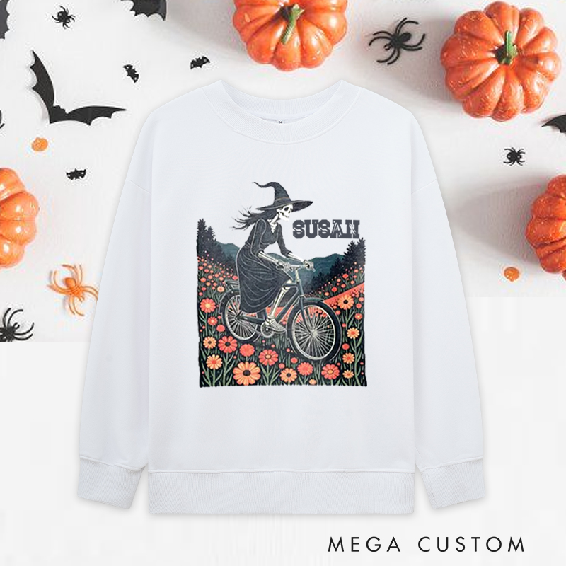 Personalized Halloween Classic Sweatshirts with Witch Skeleton Riding Bike Through Floral Field for Fitness Enthusiasts Bodybuilders and Gym Lovers