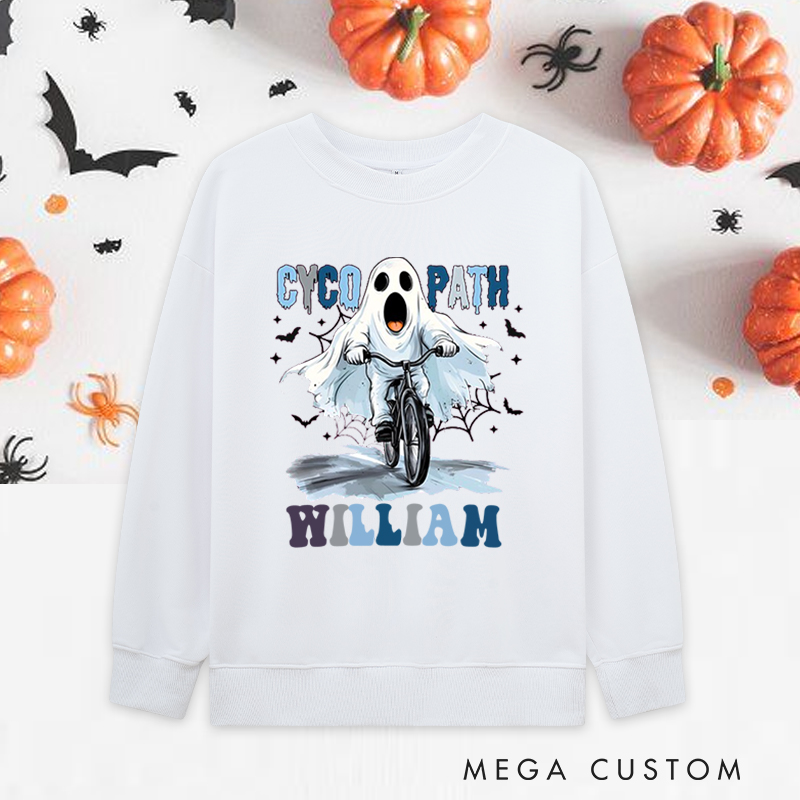 Personalized Halloween Classic Sweatshirts with Funny Ghost on Bicycle Screaming Face and Headphones for Fitness Enthusiasts Bodybuilders and Gym Lovers
