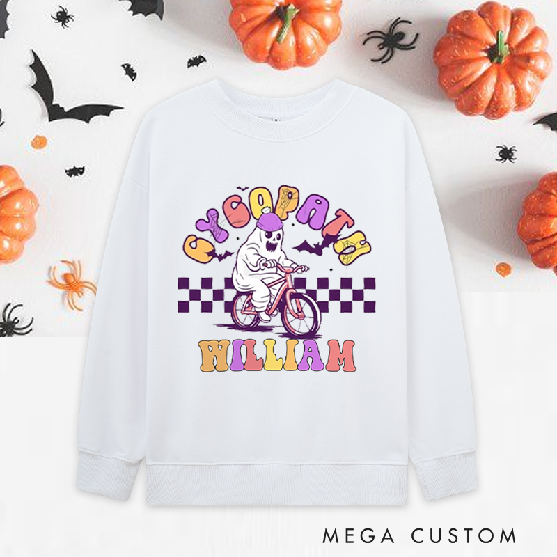 Personalized Halloween Classic Sweatshirts with Ghost on Bike with Purple Helmet for Fitness Enthusiasts Bodybuilders and Gym Lovers