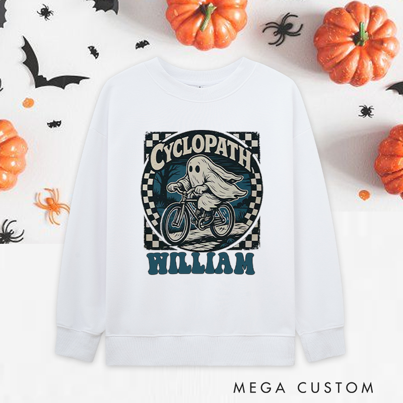 Personalized Halloween Classic Sweatshirts with Spooky Ghost Riding Bicycle for Fitness Enthusiasts Bodybuilders and Gym Lovers