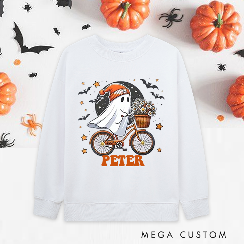 Personalized Halloween Classic Sweatshirts with Cute Ghost Riding Bike Basket of Flowers for Fitness Enthusiasts Bodybuilders and Gym Lovers