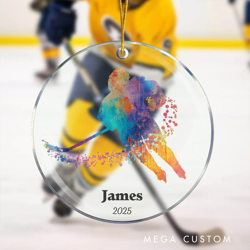 Personalized Hockey Ornament with Colorful Player Silhouette and Custom Name & Year