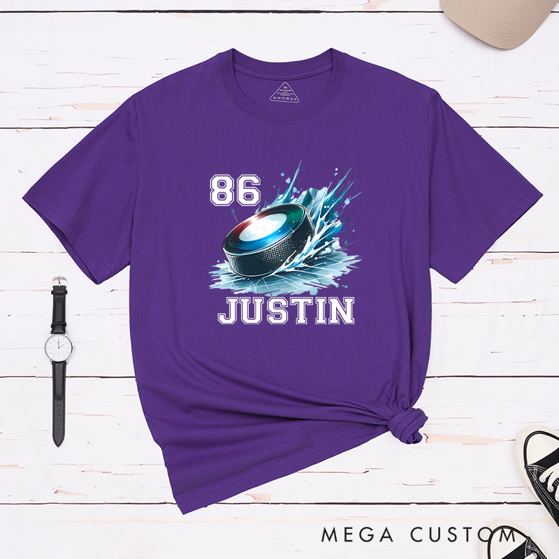 Personalized Hockey T-Shirt with Splashed Ice Puck Design and Custom Name