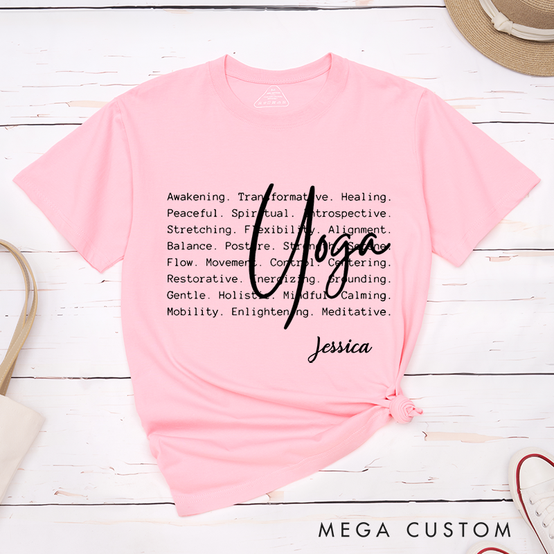 Personalized Yoga T-Shirt with Inspirational Word Art Design Custom Name Perfect Gift for Yoga Lover