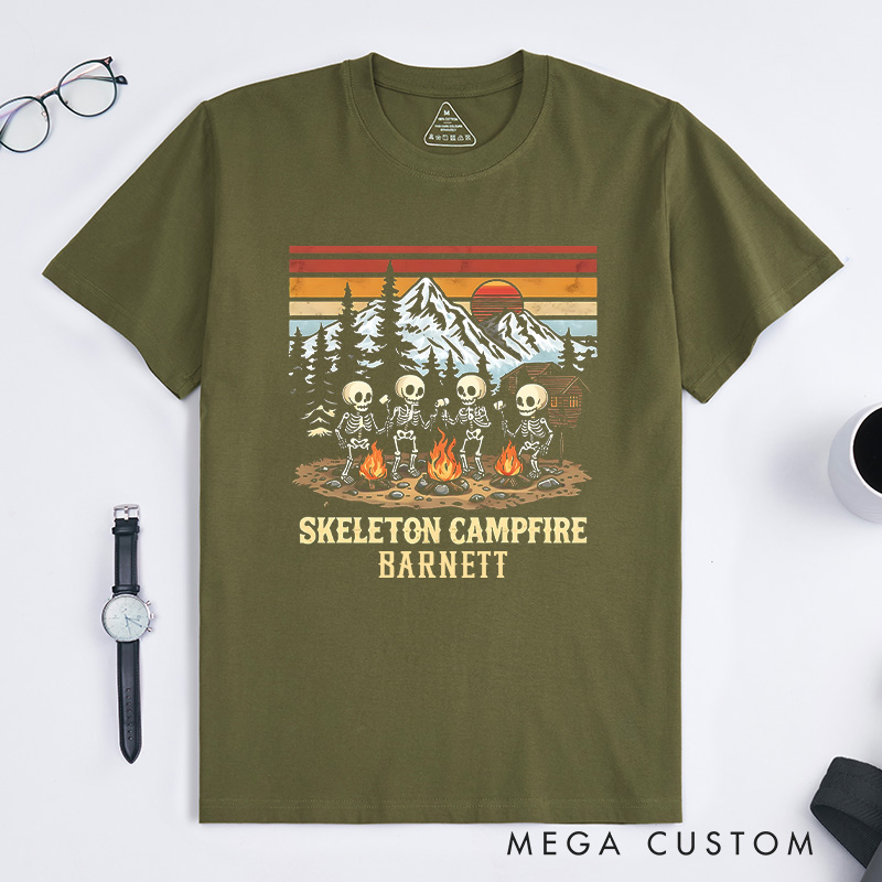 Personalized Skeleton Campfire T-Shirt Camping Hiking Lovers Shirt Halloween Gift Outdoor