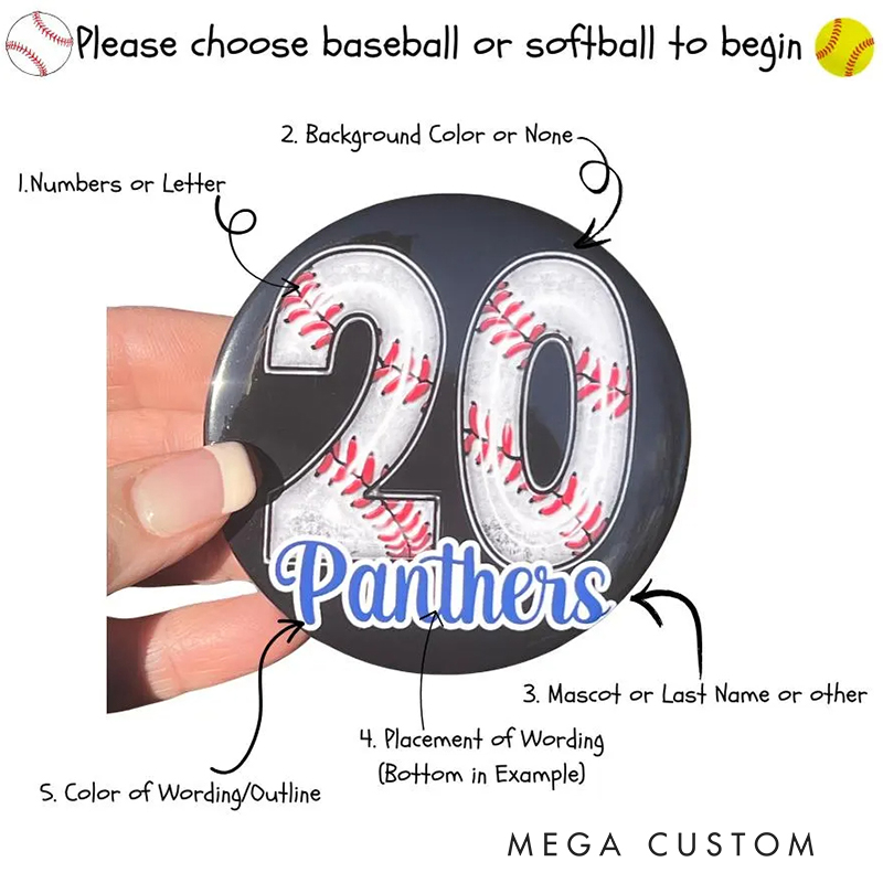 Personalized Baseball Themed Pin Badge with Custom Number and Team Name 