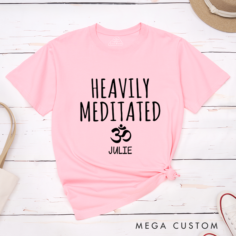 Personalized Yoga T-Shirt with Heavily Meditated and Om Symbol Design Custom Name Perfect Gift for Yoga Lover