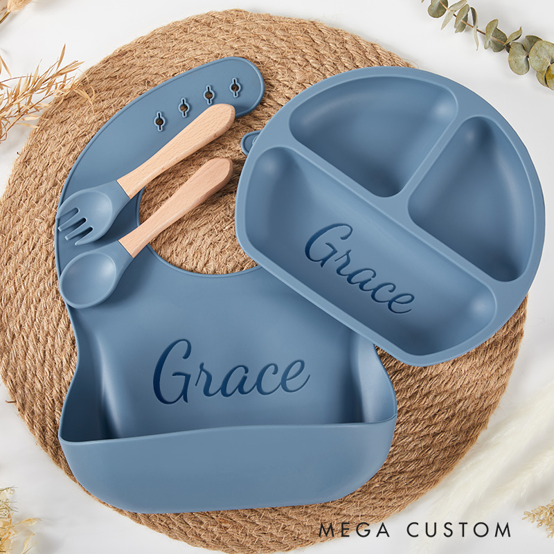 Personalized Silicone Weaning Set Cartoon Weaning Set for Baby Feeding Set with Name Eco-Friendly Baby Plate Baby Shower Gift