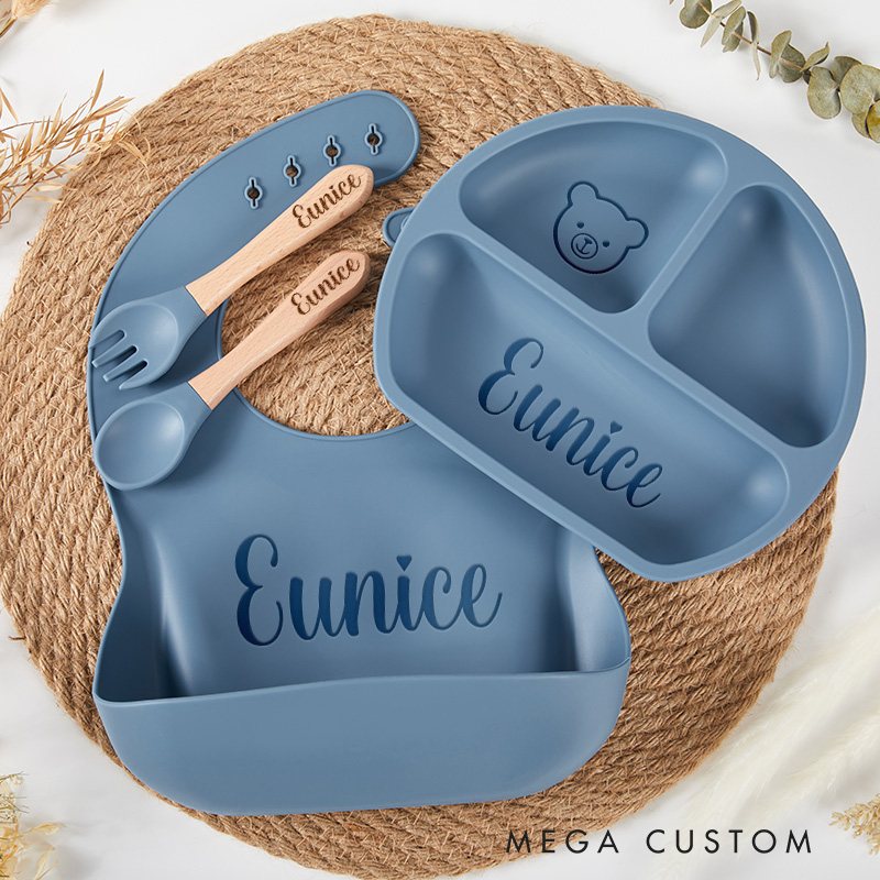Personalized Feeding Set with Name Cartoon Weaning Set for Baby Eco-Friendly Baby Plate Silicone Weaning Set Baby Shower Gifts