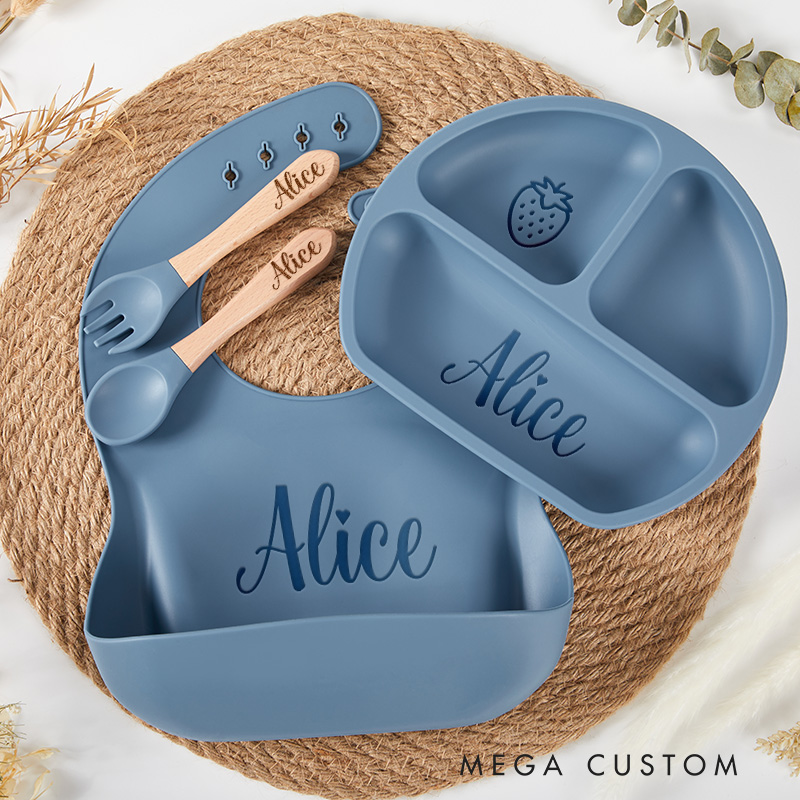Personalized Eco Friendly Silicone Weaning Set with Engraved Name Unique Bib and Plate for Baby Ideal Baby Shower Gift