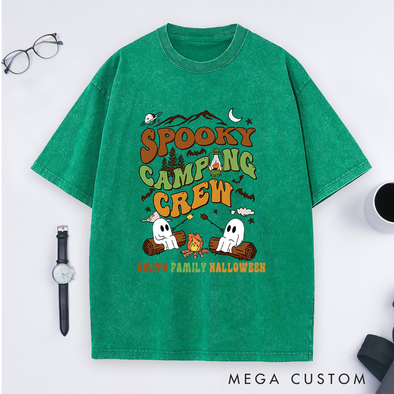 Personalized Spooky Camping Crew Washed T-Shirt a Haunted Campfire Adventure T-Shirt Halloween Gift Outdoor Lover