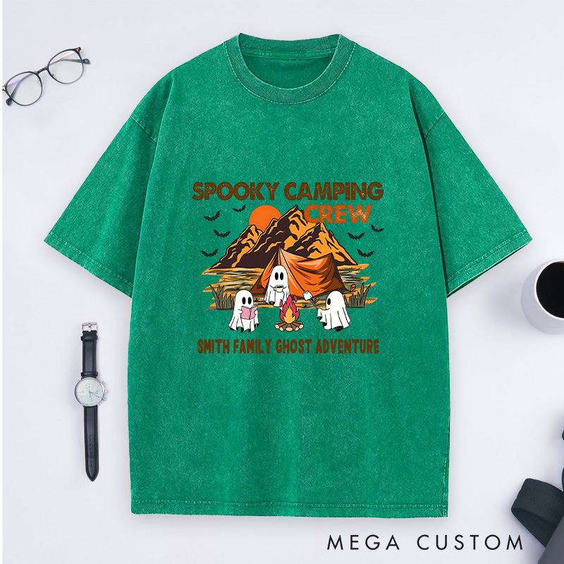 Personalized Spooky Camping Crew Washed T-Shirt Ghostly Adventures Shirt Halloween Gift Hiking Outdoors