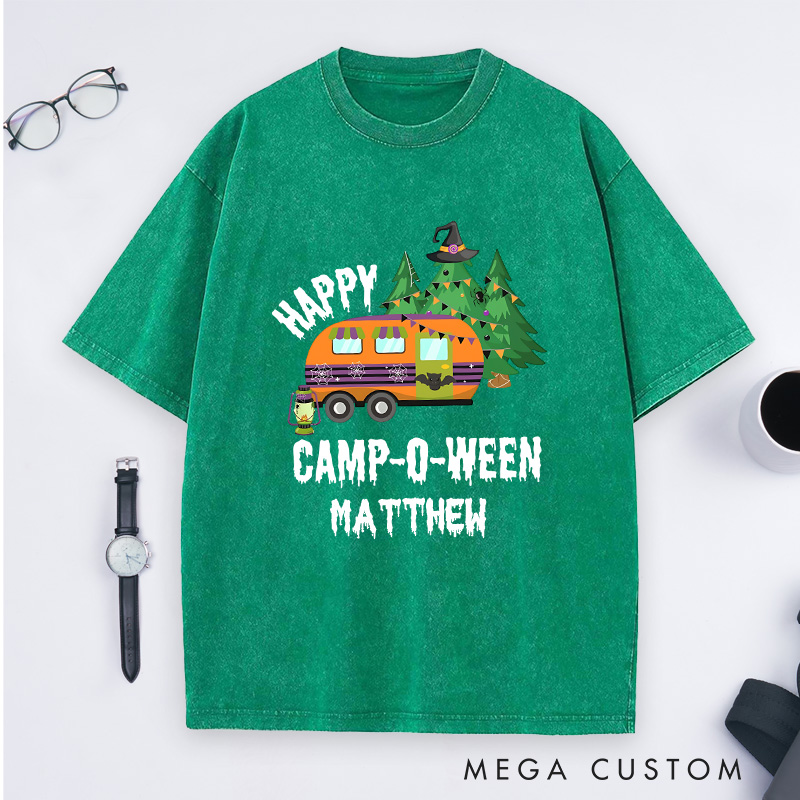 Personalized Happy Camper Halloween Washed T-Shirt Outdoor Camping Adventure Shirt Halloween Gift for Hiking