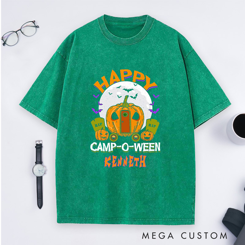 Personalized Happy Camp Halloween Washed T-Shirt Halloween Camping Shirt Gift for Outdoor