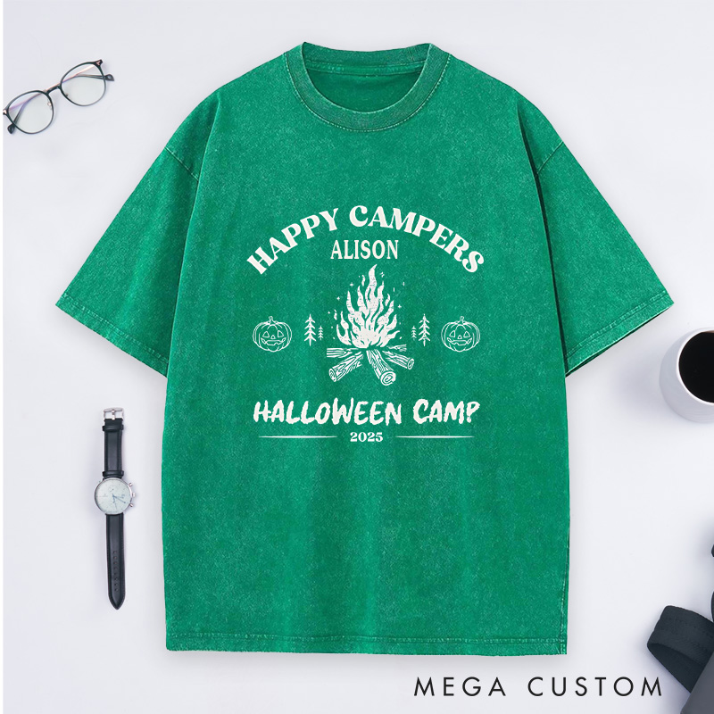 Personalized Halloween Happy Campers Washed T-Shirt Outdoor Bonfire Shirt Halloween Gift for Hiking