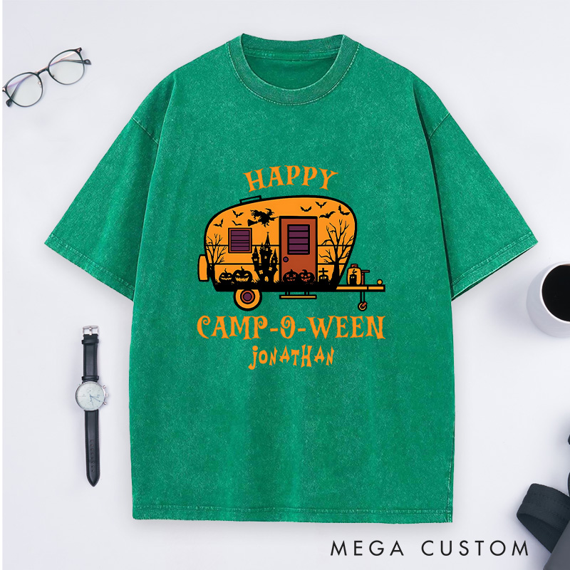 Personalized Halloween Camping Adventure Washed T-Shirt Happy Halloween Shirt Gift for Outdoor