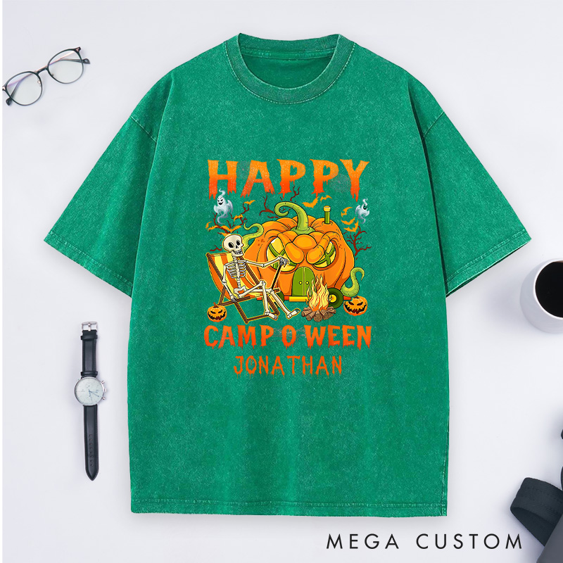 Personalized Camper Halloween Washed T-Shirt Skeleton Camping Car Pumpkin Shirt Halloween Gift Outdoor