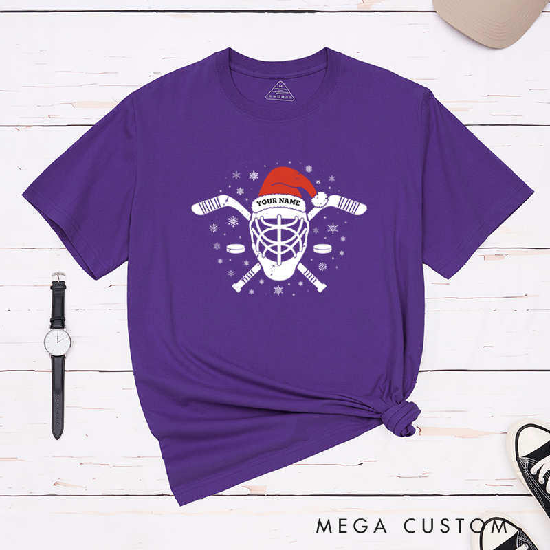 Personalized Hockey T-Shirt with Custom Name and Festive Santa Hat Design
