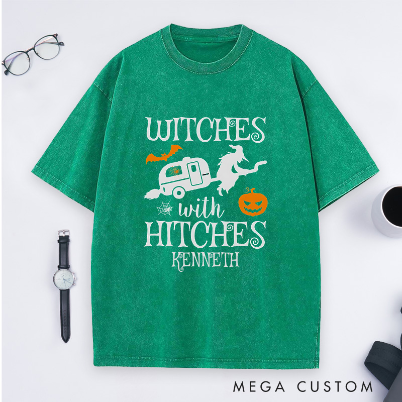 Personalized Witches with Hitches Washed T-Shirt Campers Life Lovers Shirt Spooky Pumpkin Shirt Halloween Gift Outdoor