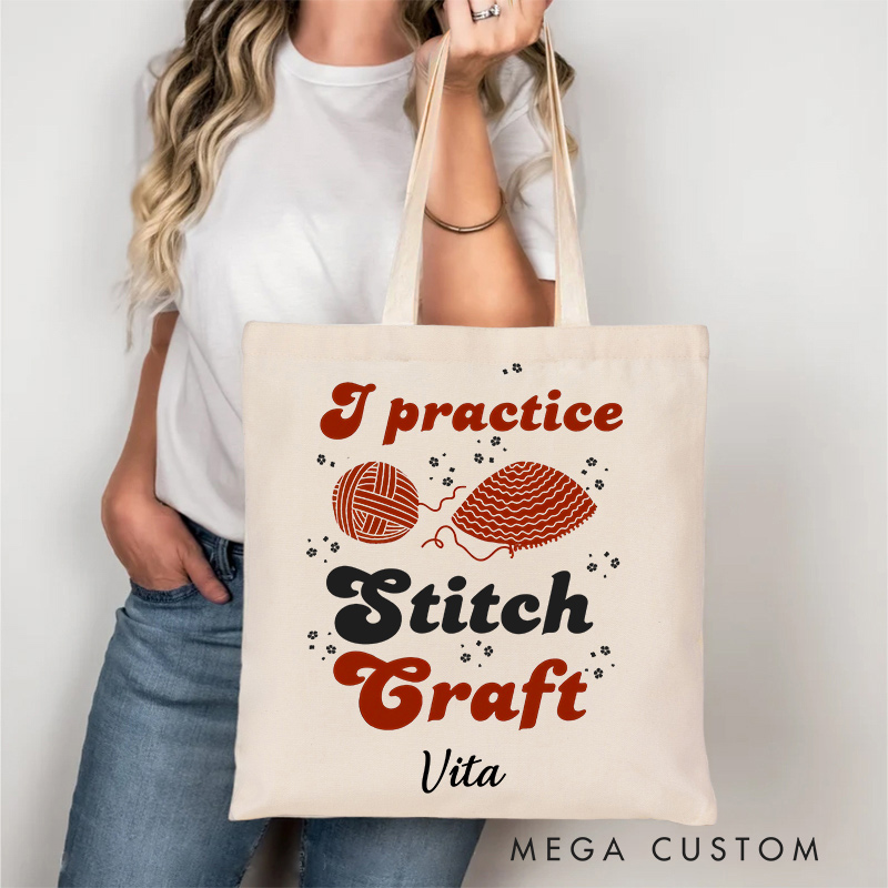 Personalized I Practice Stitch Craft Tote Bag Gift for Crocheting Lovers Funny Gift for Halloween