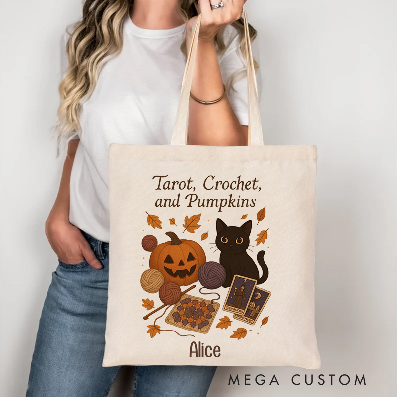 Personalized Tarot Crochet and Pumpkins Tote Bag Halloween Gift for Crocheting Lovers Funny Gift for Her
